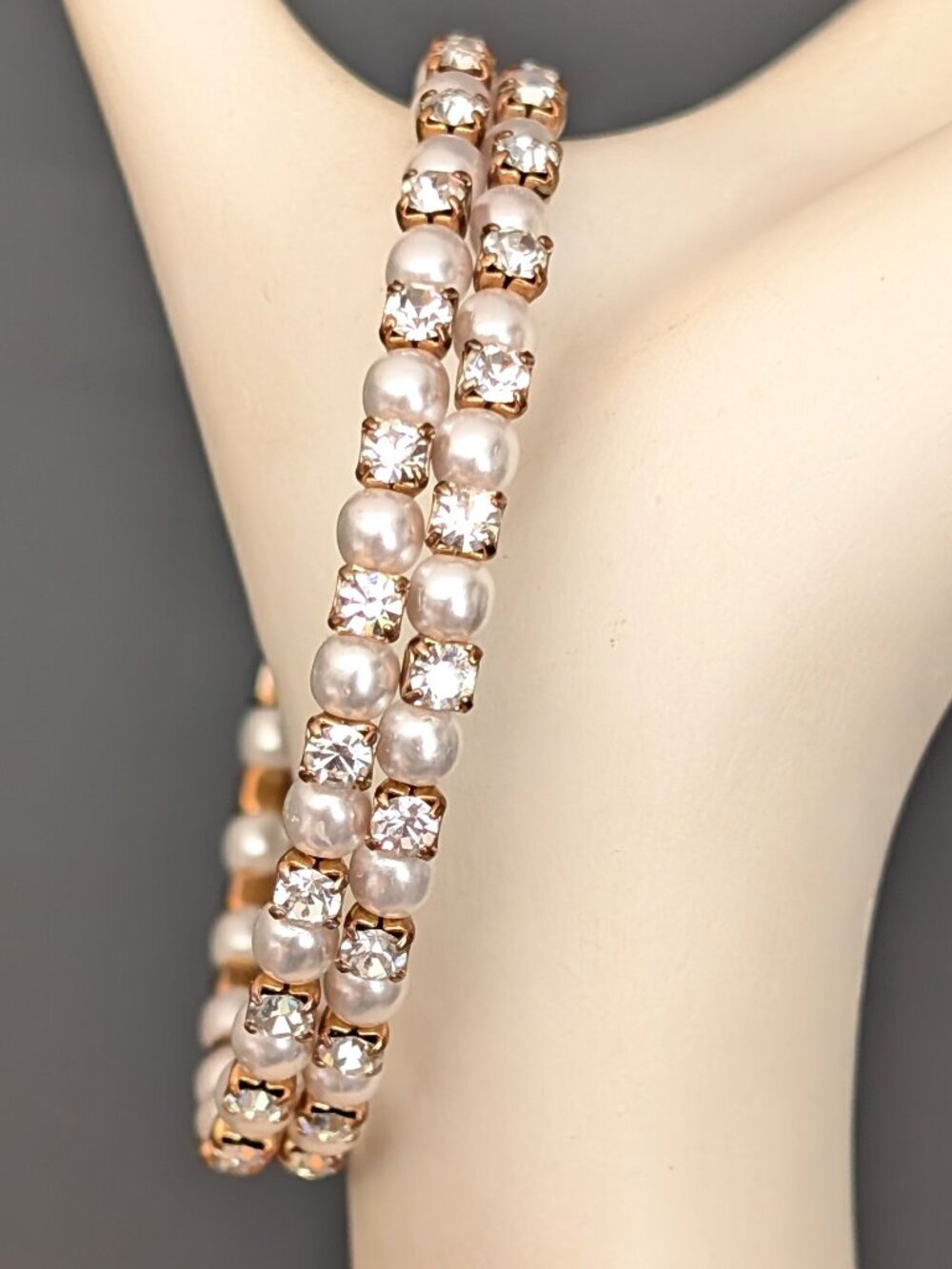 Delicate memory wire faux pearl and cz bracelet